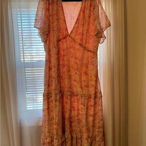 Baltic Born Coral Floral Ruffle V-Neck Maxi Dress